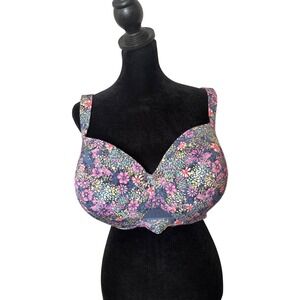 Cacique Lightly Lined Balconette Bra 40H Blue Pink Floral Print Plus Size